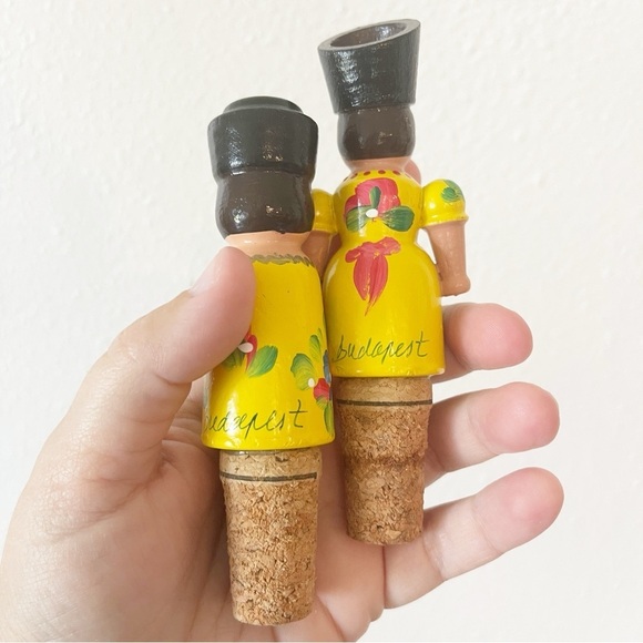 Vintage Wine Stoppers Set 2 Hand Painted Wood Man Woman Budapest Folk Art - Picture 7 of 7